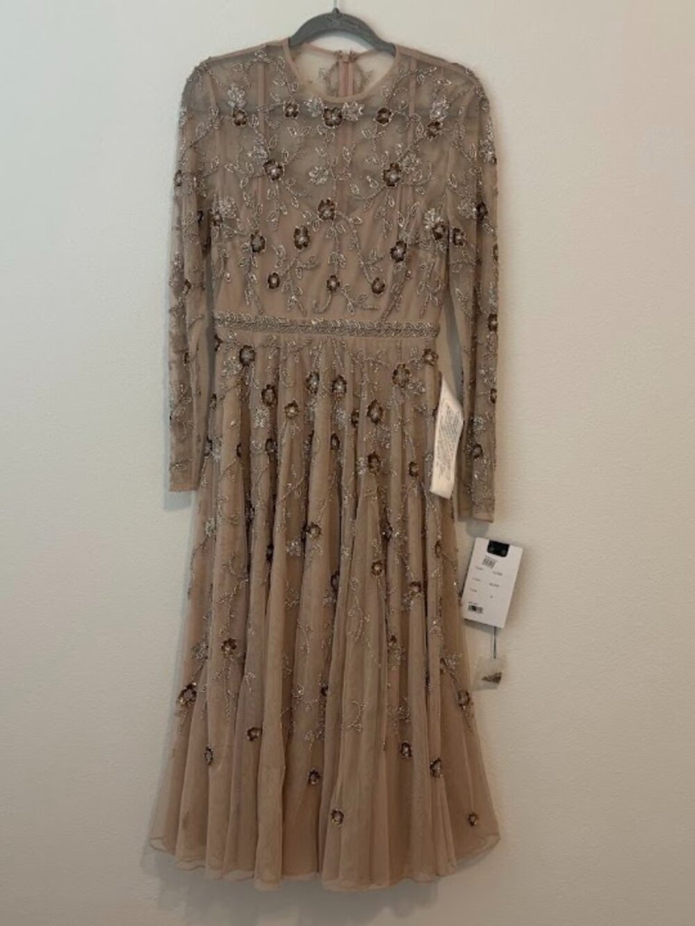 Mac Duggal 10799 Nude Beaded Illusion Midi Gown – Size 6 (NWT)